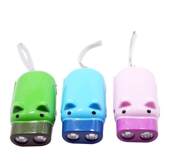 

flashlights manual hand pressing power 2 led protable pig shaped cartoon torch light crank power wind up for camping lamp