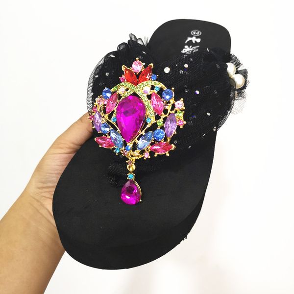 

hahaflower summer new hand-sewn yarn luxury diamond thick sole with flip-flop color jewel muffin slippers 34-44, Black