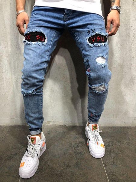 

hole jeans summer spring skinny embroidery letter blue pencil pants hiphop street jeans mens designer washed