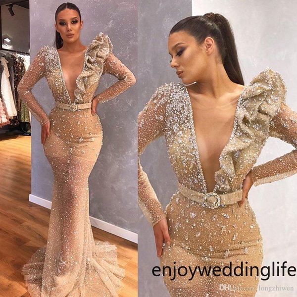 

2020 mermaid evening dresses deep v neck long sleeve sash beads appliques tulle prom dress sweep train formal dresses, Black;red
