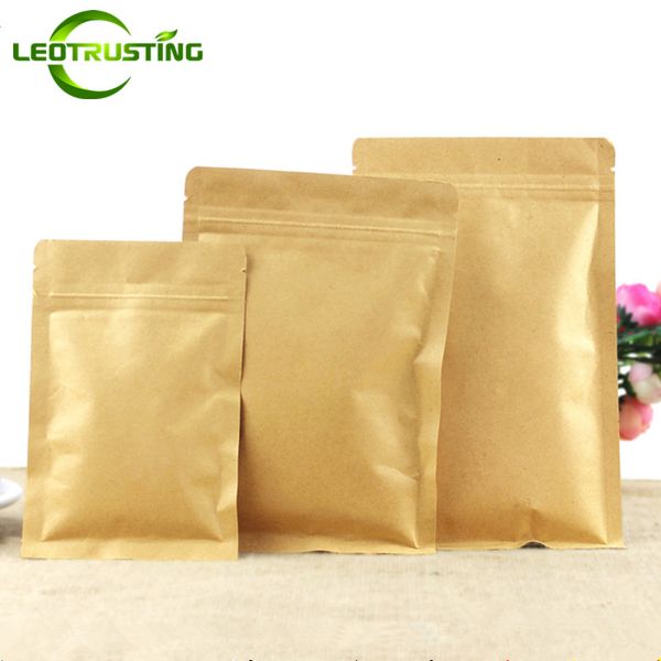 

leotrusting 100pcs/lot resealable flat bottom kraft paper ziplock packaging bag paper zip pouch coffee powder gift paper storage bags