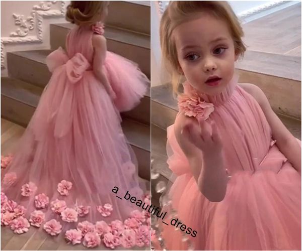 

charming high neck pink flower girls dresses hi lo tulle hand flower cute baby kid formal wears pageant dresses fg1278, White;blue