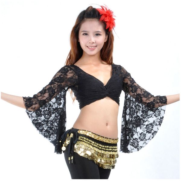 

belly dance women belly dance costume lace butterfly sleeve bra v neck flare sleeve top, Black;red