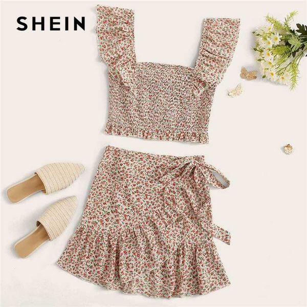 

shein ruffle trim shirred ditsy floral cami and wrap knotted skirt set women summer bohemian slim fitted two piece sets, White
