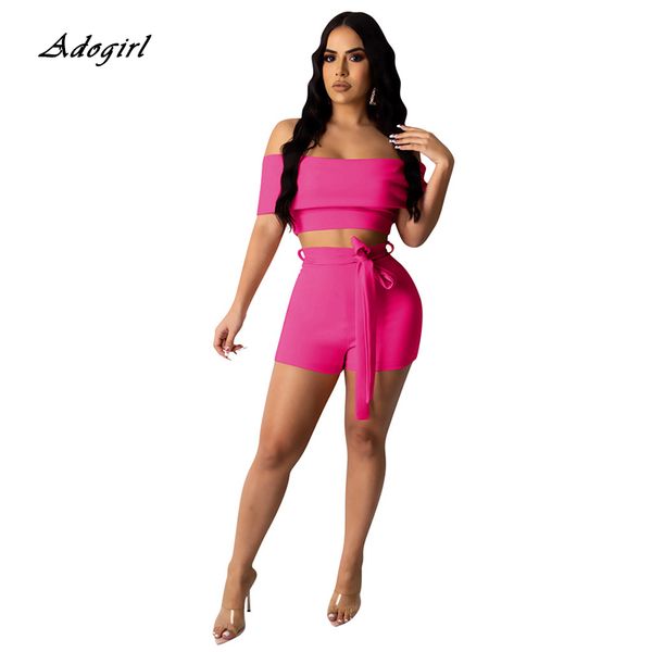 

adogirl off shoulder tunic two piece short set for women elegant short sleeve crop with shorts bodycon women outfit, White