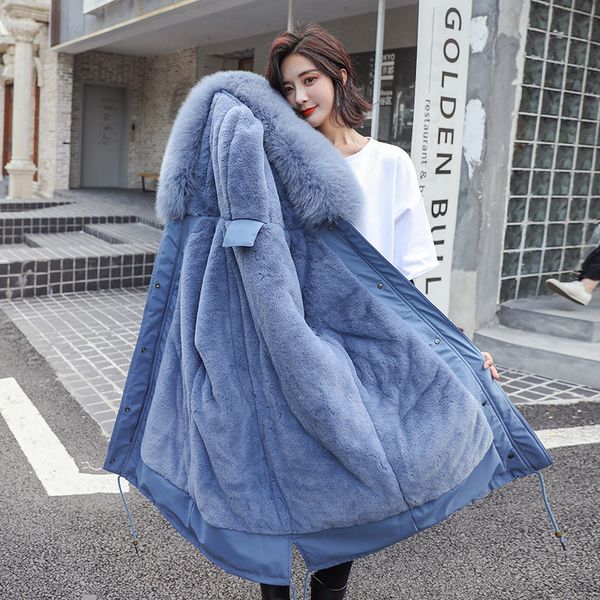 

over-the-knee mid-length down jacket cotton-padded clothes coat women's dress winter large fur collar 2019 thick plus velvet cot, Blue;black
