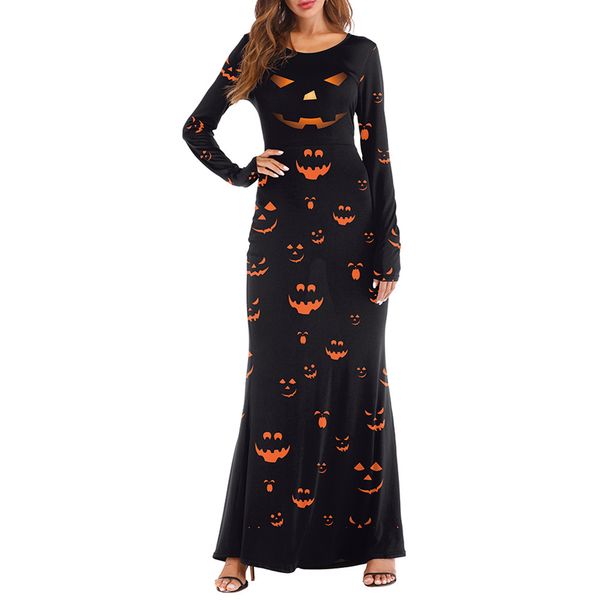 

2018 fashion summer dress female women long sleeve pumpkins halloween 3d print casual party long maxi dresses robe vestidos, Black;gray