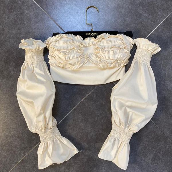 

2020 autumn pleated lantern sleeve shirt womens wooden ear off-shoulder strapless bra girl's shirt ultra-short small shirts, White