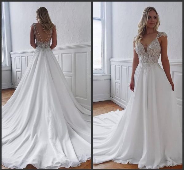 

2019 new a line chiffon satin v neck milla nova plus size wedding dresses crystal bridal gowns bohemian princess wedding gowns, White
