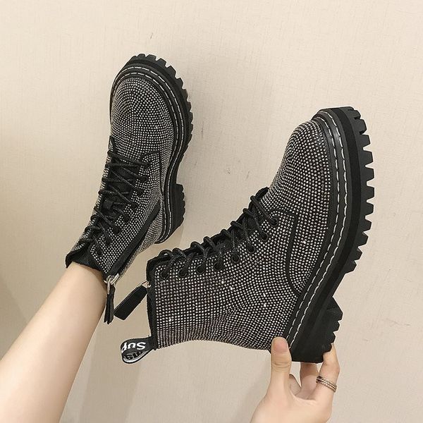 

winter women pumps dress martin boots platform fashion rhinestone lace up round toe mid heels snow botas women shoes, Black