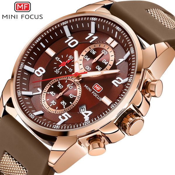 

minifocus fashion sport watches mens wristwatch silicone strap quartz chronograph wrist watch men relogio masculino, Slivery;brown