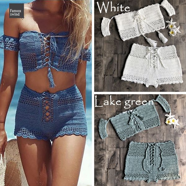 

2019 новый пляж мода бикини установить вязание крючком купальник богемия стиль плеча купальники бюстгальтер ручной работы кистями нейлон сек, White;black