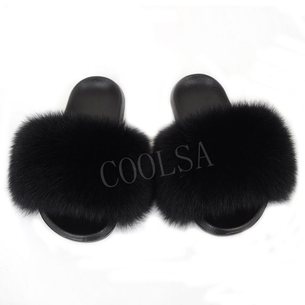 

women fur slides women real fur slippers home furry flat sandals female cute fluffy house shoes woman slippers shoes, Black