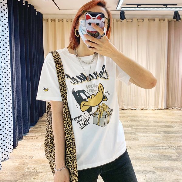 

adk2020 summer all-match t-shirt cartoon printed short-sleeved t-shirt loose slim cotton women's fashion, White
