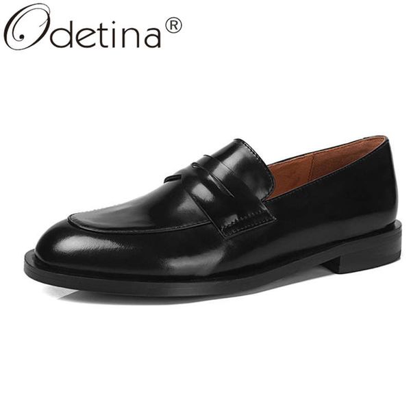 

odetina women fashion sewing cow leather retro oxfords shoes lady casual block chunky heel round toe pull on non-slip boat shoes, Black