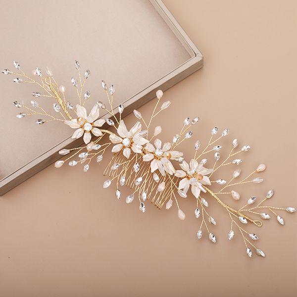 

bridal hair comb wedding hair accessories rhinestone tiara gold flower wedding comb head jewelry handmade bridal headpiece, Golden;white