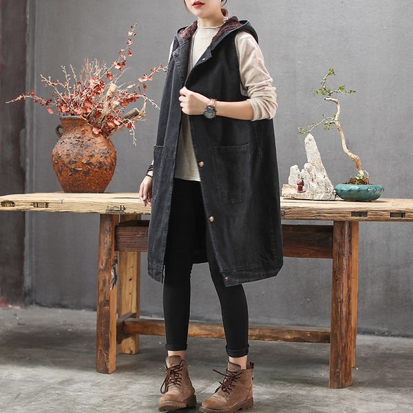 

ewq] 2019 autumn winter new pattern hooded collar sleeveless black patchwork denim single breasted vest women ah86003, Black;white