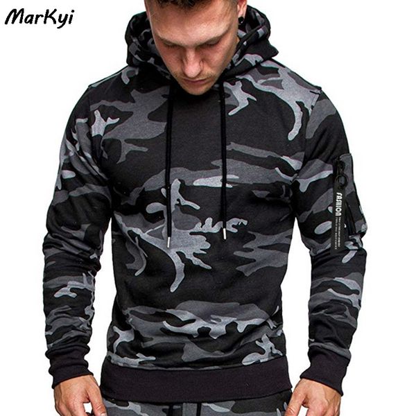 

markyi 2019 new camouflage hooded sweatshirt men pullover long sleeve mens cotton hoodie, Black