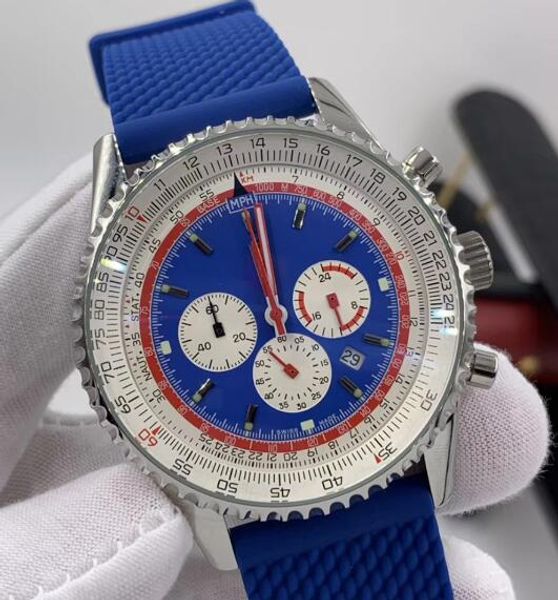 

1884 navitimer b01 pan am edition index hour markers 46mm blue dial mens watches quartz chronograph watch rubber band wristwatches, Slivery;brown