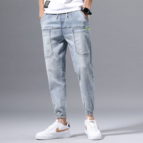 

men's jeans men light-colored casual jean long waist harem pants cotton brand daily student trend slim for man, Blue