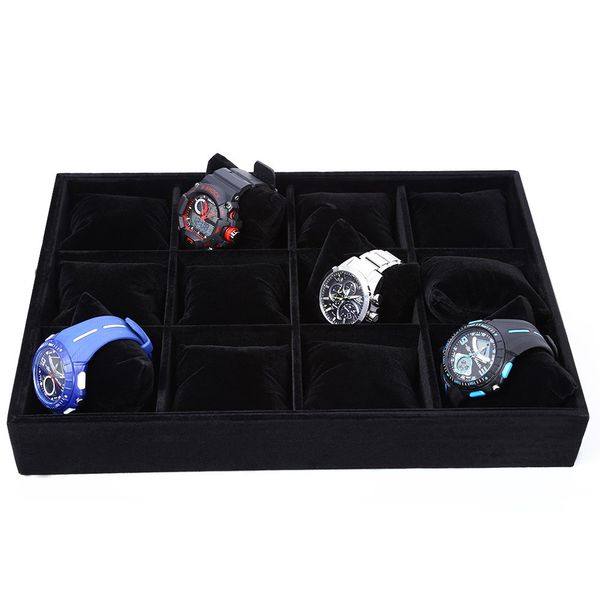 

12 grids black flocking watch case jewelry display box watch display box, Black;blue
