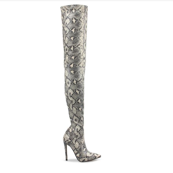 

botines mujer woman snake skin boots over the knee high heels shoes pointed toe party dress shoes long boots bottine femme, Black