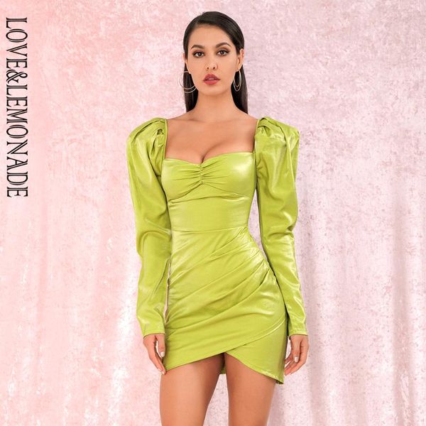

love&lemonade fluorescent green square collar bubble long sleeve reflective material party mini dress lm81982, Black;gray