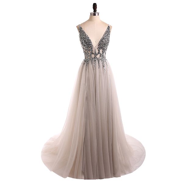 

evening dress 2019 v-neck beads open back a line long evening dresses party vestido de festa high split tulle prom gowns, White;black