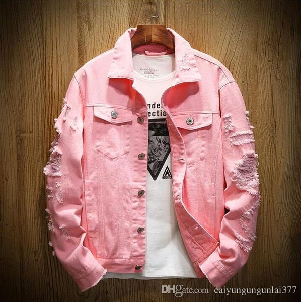 

new fashion europe designer denim jacket men ripped holes hip hop coat women pink jean jackets new brand garment washed mens denim chaqueta, Black;brown