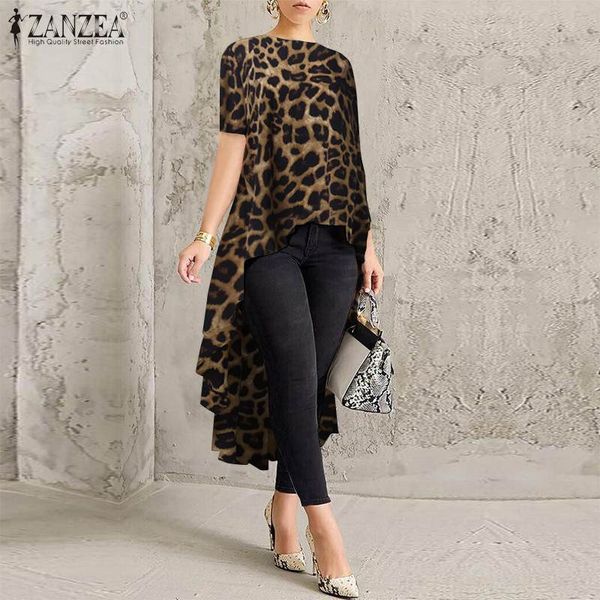 

5xl zanzea spring party shirt vestido fashion leopard printed asymmetrical blouse women short sleeve tunic female blusas, White