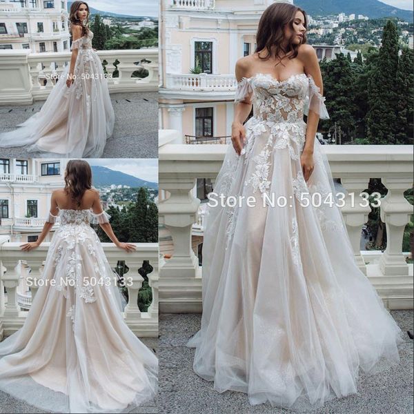 

сексуальная милая шея кружева аппликация линии свадебные платья 2020 с плеча лето свадебные платья невесты без рукавов vestido de noiva, White