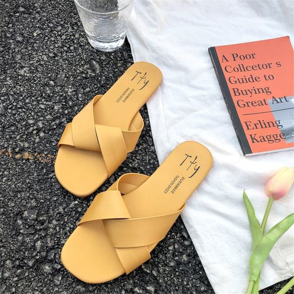 

women slipper round toe green yellow colors summer beach slides flip flops outdoor casual sewing shoes woman solid slides, Black