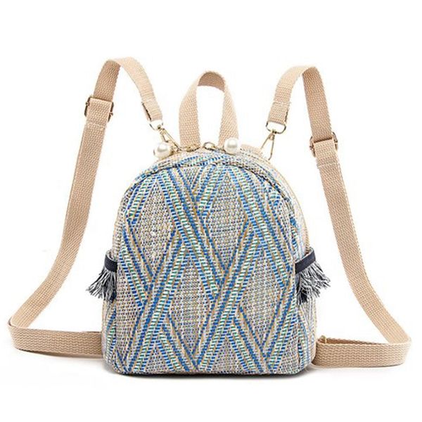 

small travel backpacks women straw woven shoulder school bags casual knapsack knitting rucksack bag blue