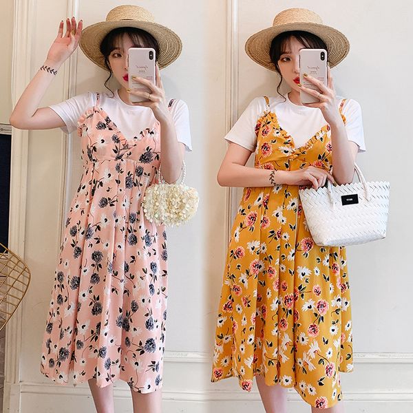 

maternity clothes 2020 pregnant women dress summer new style short sleeve pregnant women strapped dress two-piece set cotton sle, White