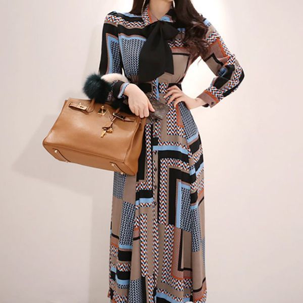 

women's vintage print elegant long dress women 2019 spring single-breasted shirt dresses waist swing ankle-length vestidos, Black;gray