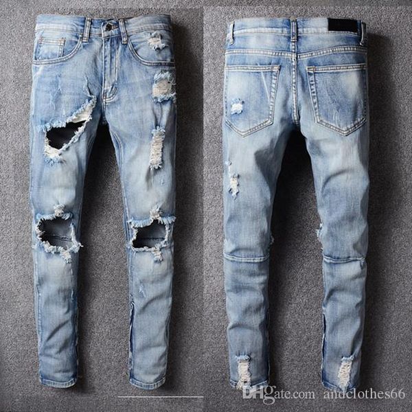 

2020 men distressed ripped biker jeans slim fit motorcycle biker denim for men fashion designer hip hop luxury fashion fear of god, Blue