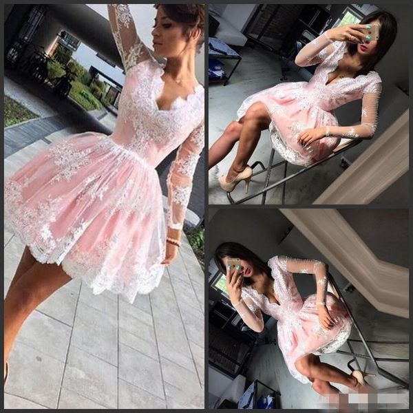 

pink long sleeves v neck homecoming dresses short lace applique illusion cocktail party ball gown formal occasion wear vestido custom made, Blue;pink
