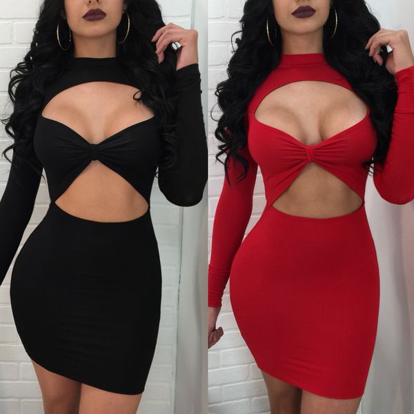 Bodycon Dress Mini Verão Vestidos Preto Mulheres Vermelhas O Pescoço Com Manga Longa Hip Hollow Out Eturna Sexy Dress Para Senhora