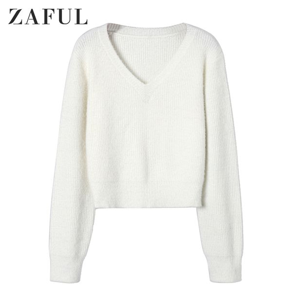 

zaful v шеи fuzzy вязаный свитер полный рукава хлопок твердые короткие пуловеры осень зима ежедневно открытый ношение женщин свитер, White;black