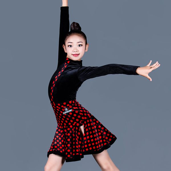 

stage wear children winter latin dance dress for girls practice clothes salsa competition dresses dqs3744, Black;red