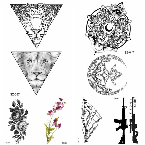 Acheter Noir Temporaire Tatouage Autocollants Hommes Cool Triangle Tigre Lion Transfert Deau Tatoo Femmes Corps Bras Henné Lune Faux Tatouage