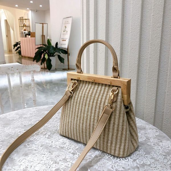 

abzc-new retro wool handbag wooden handle clip bucket bag buckle women shoulder messenger bag clutch purse female