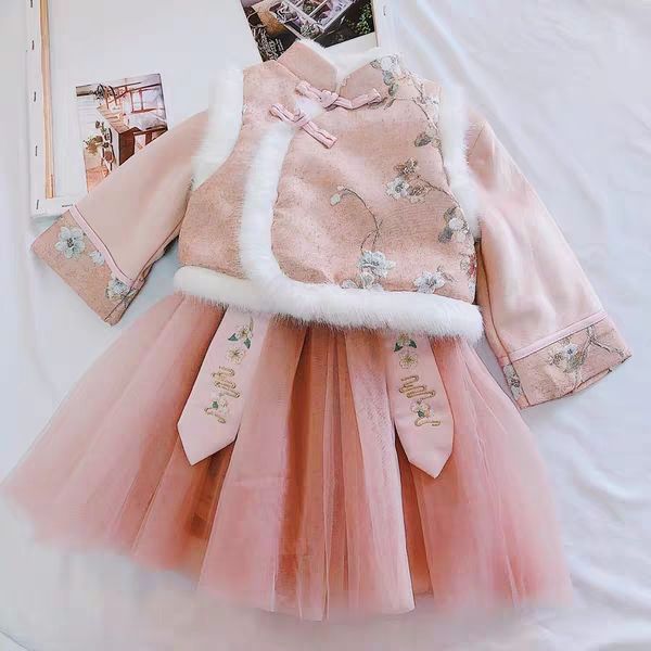 

beautiful girl's clothes 2019 autumn winter kids sets printed girl vest long sleeve mesh dress christmas children's sets, White