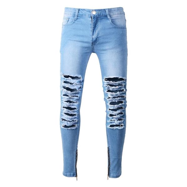 

hole jeans men 2018 straight denim pants strech jean hombre, Blue