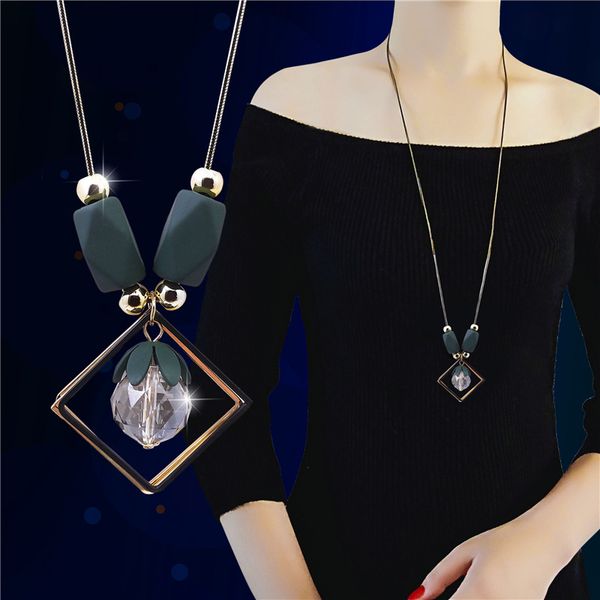 

korean crystal geometric long necklaces & pendants for women simple elegant trendy jewelry sweater necklace, Silver