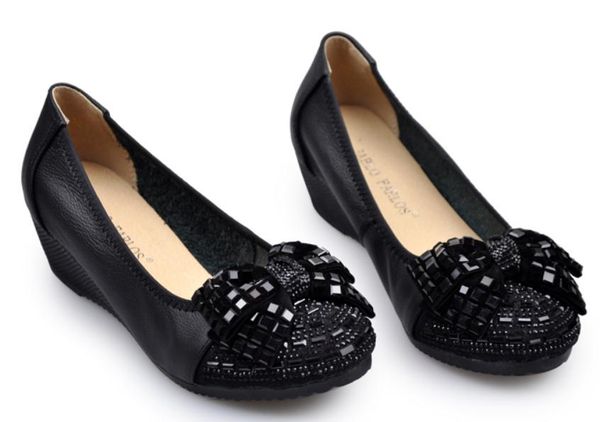 

women's shoes in spring and autumn slope heel round head bowknot@987301, Black