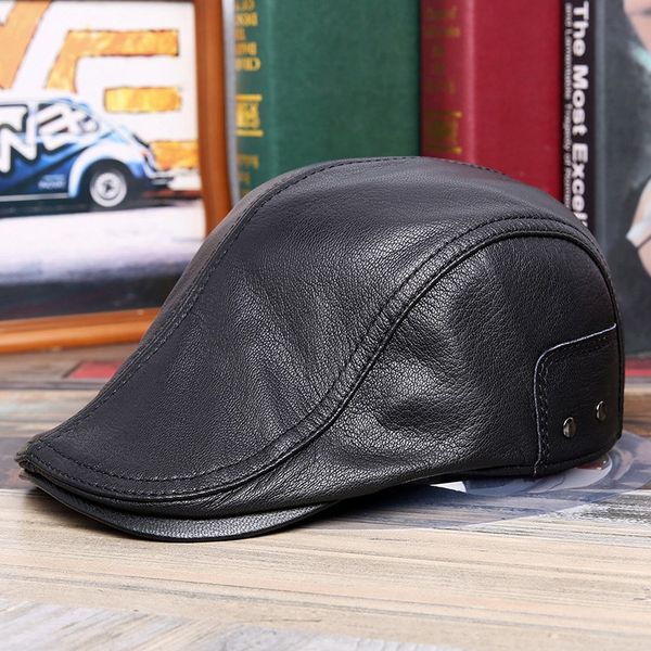 

outdoor leisure beret natural sheep leather hat men's autumn and winter sheep skin warm cap outdoor leisure beret middle black, Blue;gray