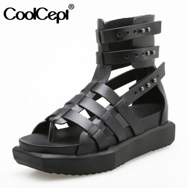 

coolcept women gladiator real genuine leather wedges sandals rivet summer vacation beach shoes women chic footwear size 35-40, Black