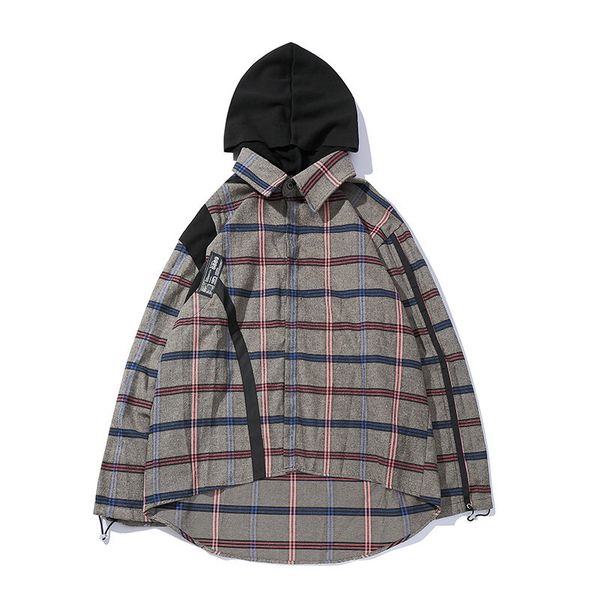 

#1447 hood plaid shirt men full sleeve japanese streetwear asymmetrical plaid shirt men loose cotton man shirts high quality, White;black