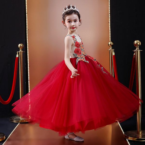 

cute spaghetti handmade flower girls dresses bow belt bead princess kids floor length bridesmaid dress girl party pageant even ball gown, White;red